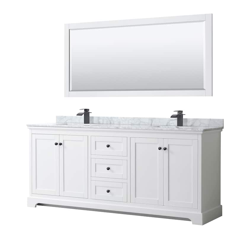 Avery 80-inch Double Vanity, Marble Top, Square Sinks, 70-inch Mirror - White, Black Trim, White Carrara Marble Top
