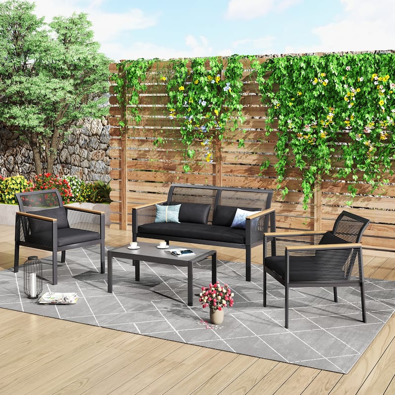 4-pc. Black Wicker Cord Patio Conversation Set