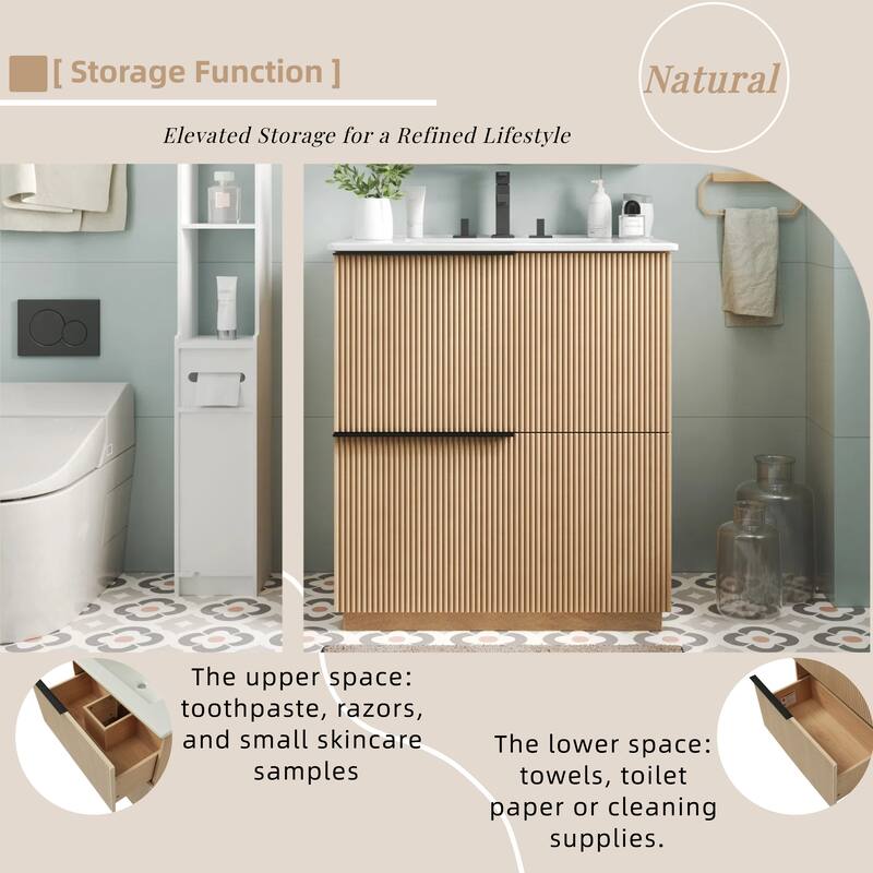 30" Bathroom Vanity with Ceramic Sink, Full-Extension Drawers, Soft-Close Undermount Slides, Fluted Design