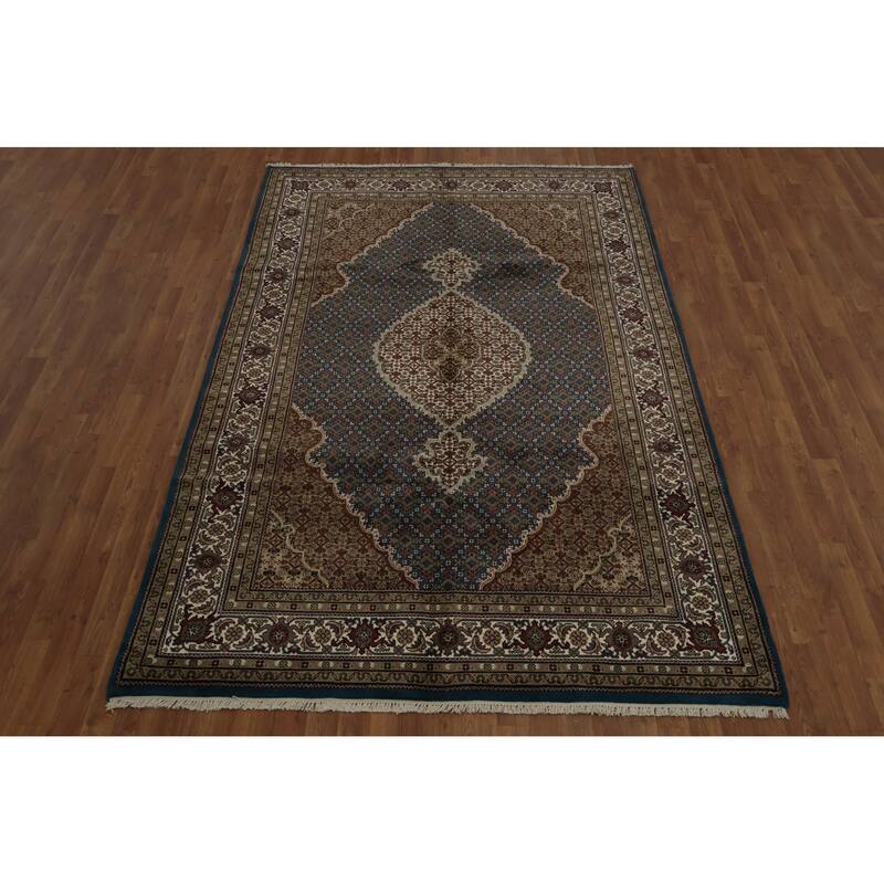 Hand Knotted Oriental 100% Wool Carpet Traditional Floral Navy Blue & Blues Tabriz Area Rug - 9' 4'' X 6' 0''