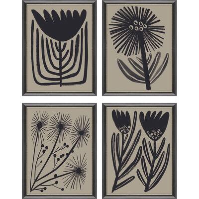 Simple Florals S/4 Framed Art Giclee Under Glass - Black