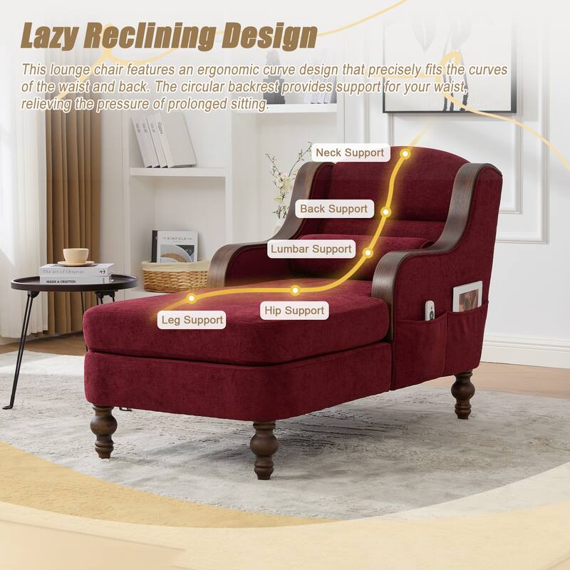 HOMEFUN Chenille Upholstered Wood Frame Oversized Chaise Lounge Single Sofa Bed with Side Pocket for Living Room,Bedroom