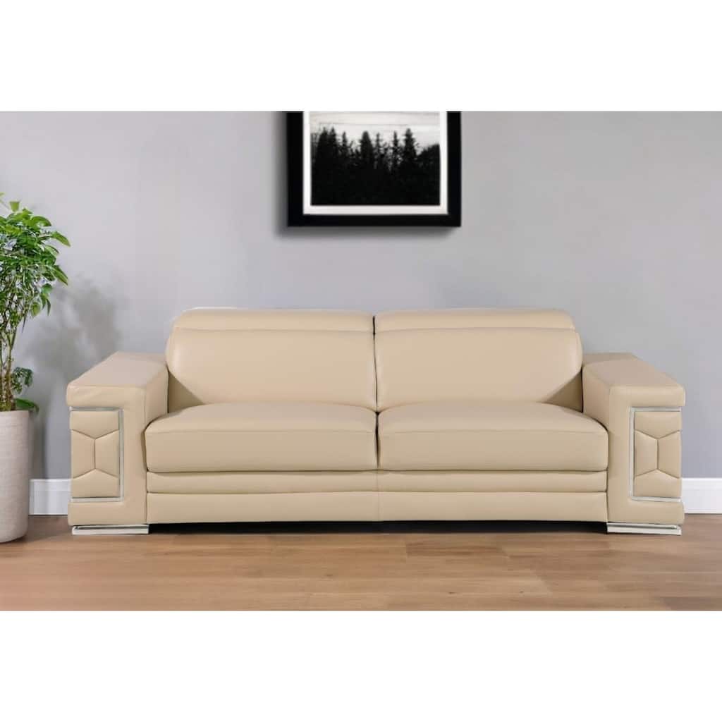 HomeRoots 89" Beige Leather Sofa With Silver Legs