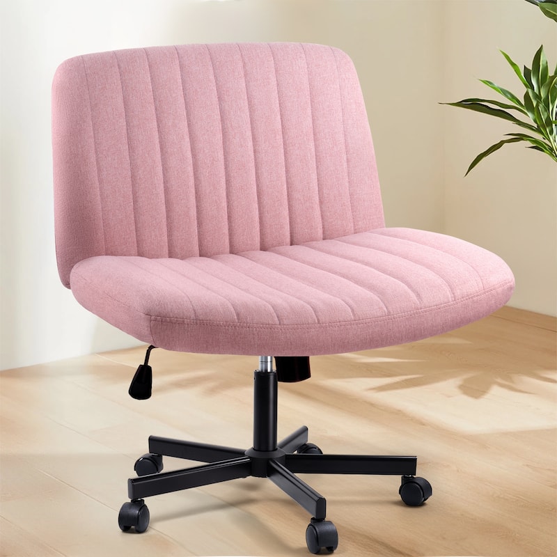 Bossin Criss Cross Chair Armless Office Desk Chair with Wheels,Fabric Padded Cross Legged Chair, Swivel Wide Seat Vanity Chair - Pink