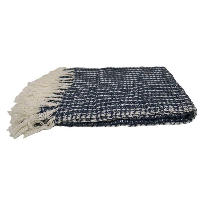 Home&Manor Handcrafted Wool & Cotton Throw Blanket Blue