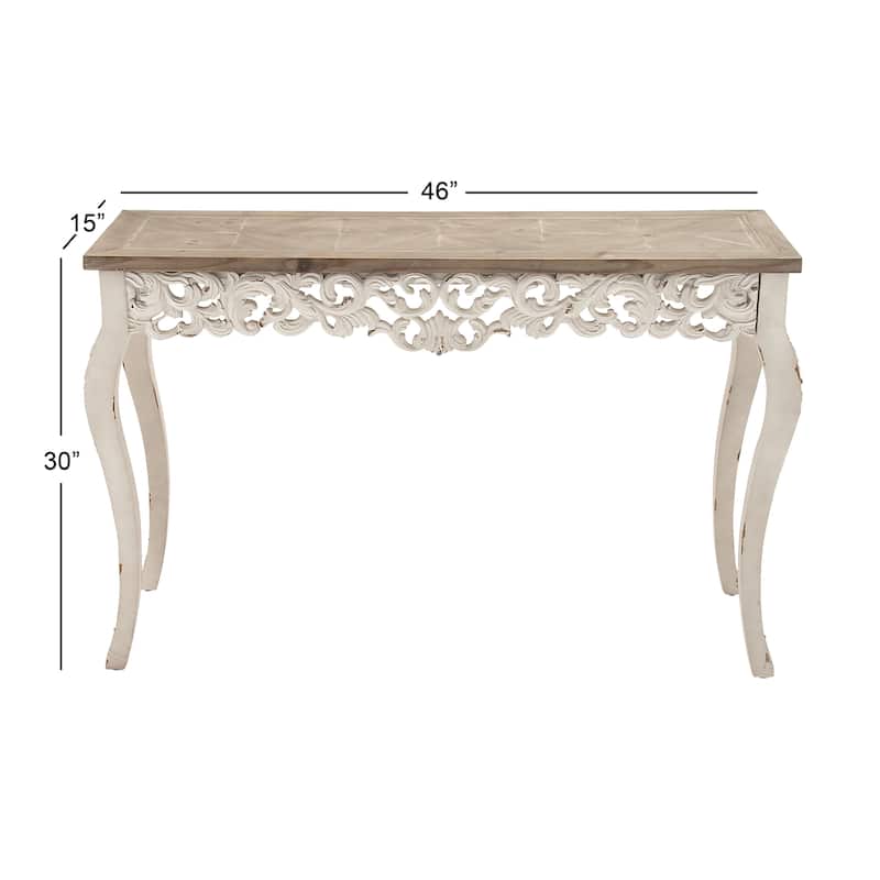 Wood Scroll Intricately Carved Console Table with Brown Wood Top - White - Roche River Decor - 15"Wx46"Lx30"H