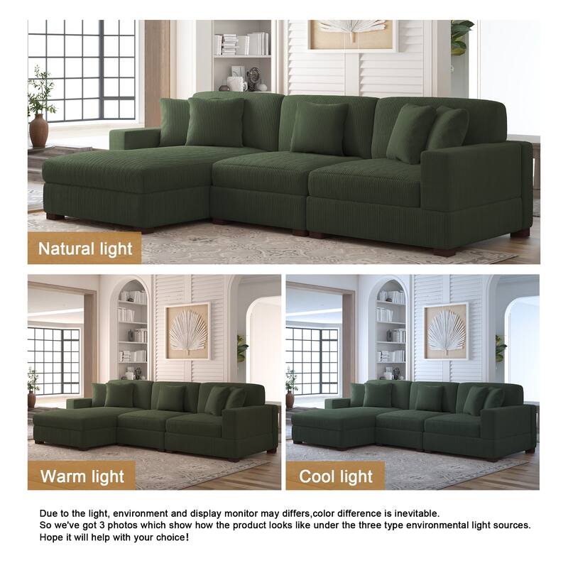 118" W Corduroy L-shape Modular Sectional Sofa with Pillows