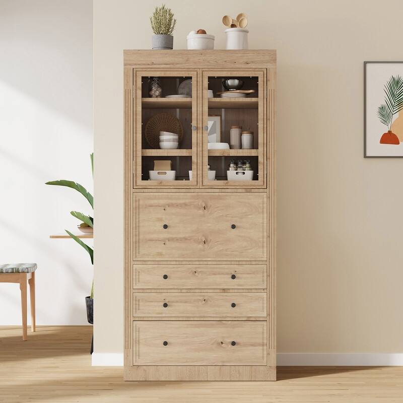 Freestanding 78" Tall Kitchen Pantry Storage Cabinet with Drop-Down Surface and Adjustable Shelves,Power Outlet for Organization - Natural