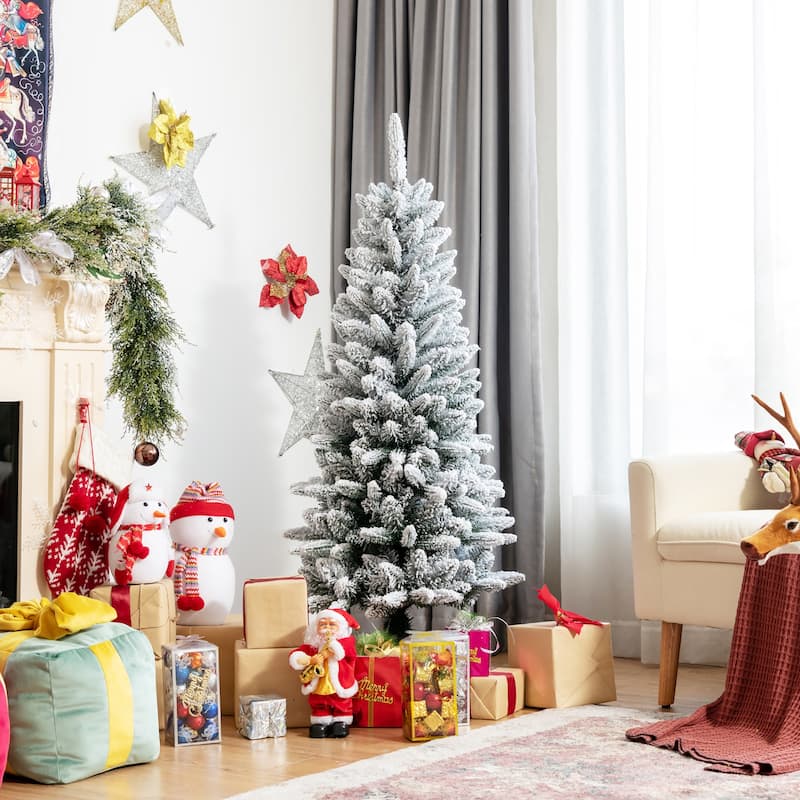 4.5ft Snow-Flocked Hinged Artificial Christmas Pencil Tree w/ 373 - See details