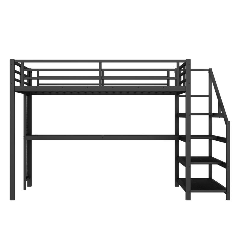 Queen Loft Bed with Desk and Storage Stairs, Metal Loft Beds with LED Lights, USB Ports, Multifunctional Iron Nets,Black