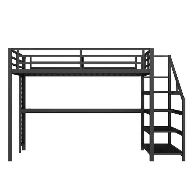 Stairs Loft Bed Queen Size Bed Frame with Built-in Desk, Side Net Board, LED Lights, USB Ports and Storage Shelves
