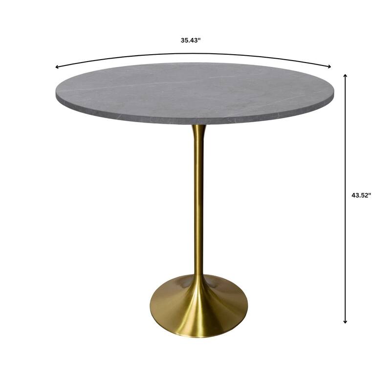 LeisureMod Verve 36" Bar Dining Table with Sintered Stone Round Top in Gold Steel, Gold Marbleized