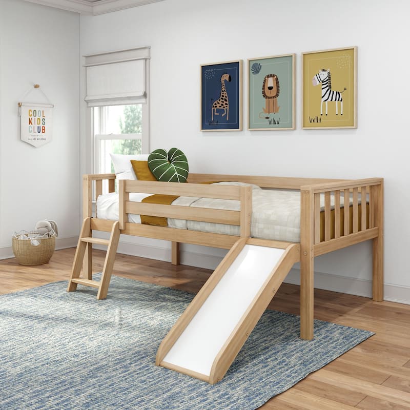 Max and Lily Twin Solid Wood Soren Ultra Low Loft Bed with Slide - Blonde