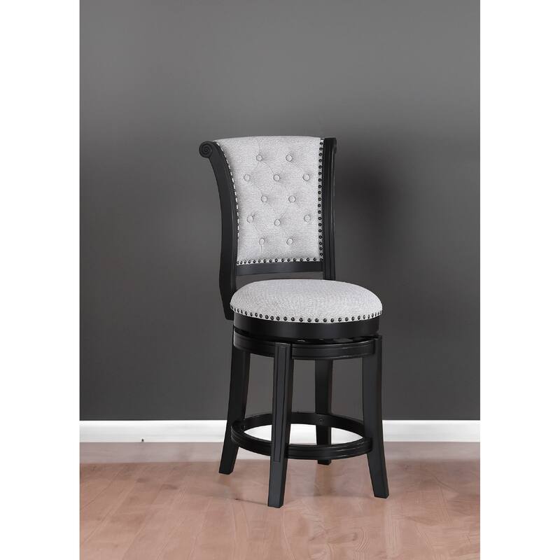 2Pc Swivel Pub Stools Counter Height 24" Chair Upholstered Seat Nailhead Trim Footrest Wooden Dining Room Furniture Black/Dove