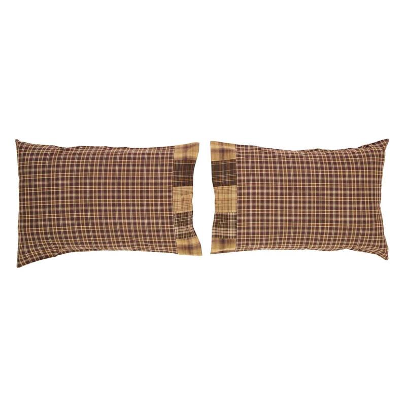 Brown Rustic Bedding VHC Prescott Block Border Pillow Case Set of 2 Cotton Plaid Patchwork