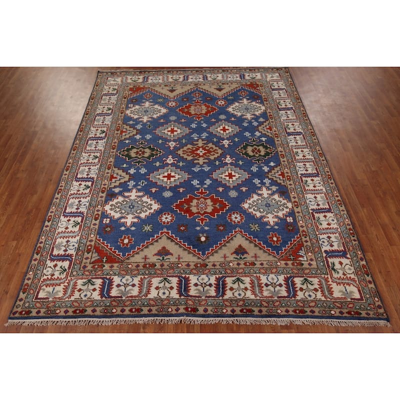 Blue Geometric Kazak Oriental Area Rug Handmade Wool Carpet - 8'0" x 9'11"