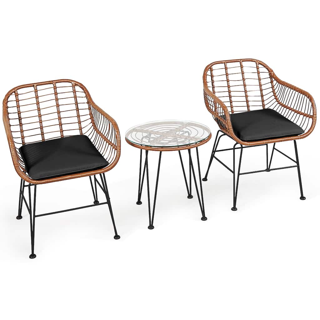 Brown Rattan Steel 3-Piece Patio Bistro Set with Black Cushions and Glass Table - 22.5" x 24" x 31.5"(L x W x H)