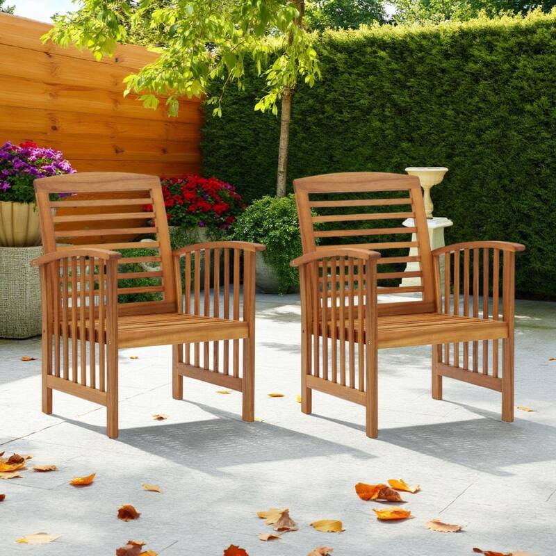 Outdoor Accent Chair Set of 2, Curved Arms, Slatted Brown Acacia Wood