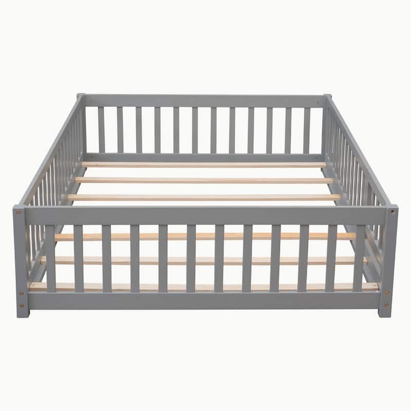 Pine Wood Floor Platform Bed with Fence and Door