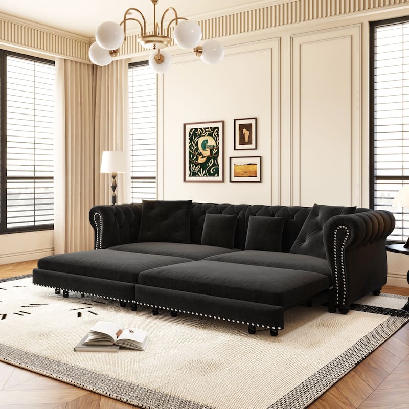 3-in-1 Pull-Out Sofa Bed, Convertible Sleeper Sofa, King Chaise Lounge,Velvet 3-Seater Sofa with Movable Ottoman