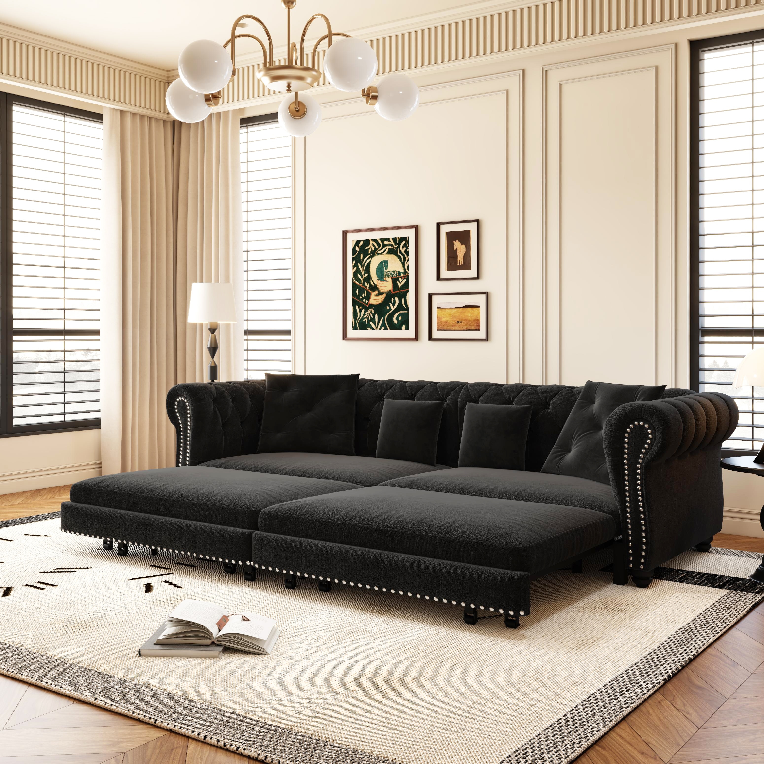 Pull-Out Queen Sleeper Sofa Bed Convertible Chaise Lounge w/Ottoman