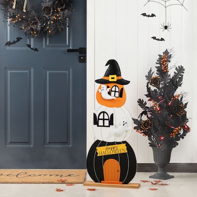 Glitzhome 35"H Halloween Wooden Pumpkin Haunted House Porch Decor