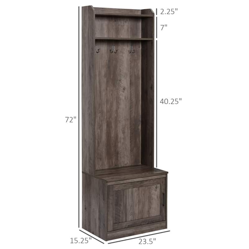 Modern Entryway Hall Tree with Bench Coat Rack Storage Cabinet and Adjustable Shelves - 23.5" W x 15.25" D x 72" H