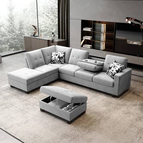 Remi Velvet Reversible Sectional - Charging Ports, Cupholders, Storage Ottoman