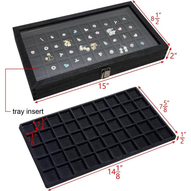 Natural Wood Glass Top Jewelry Display Case Accessories Storage Box with Metal Clasp & Removable 50 Compartments - S