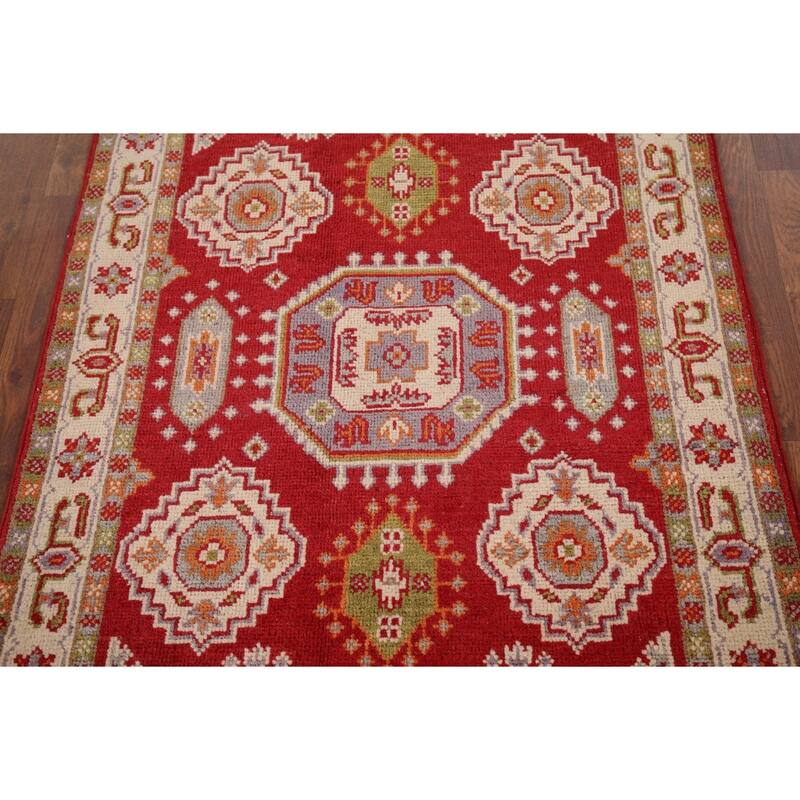 Geometric Red Kazak Accent Rug Hand-Knotted Oriental Wool Carpet - 2'7" x 4'1"