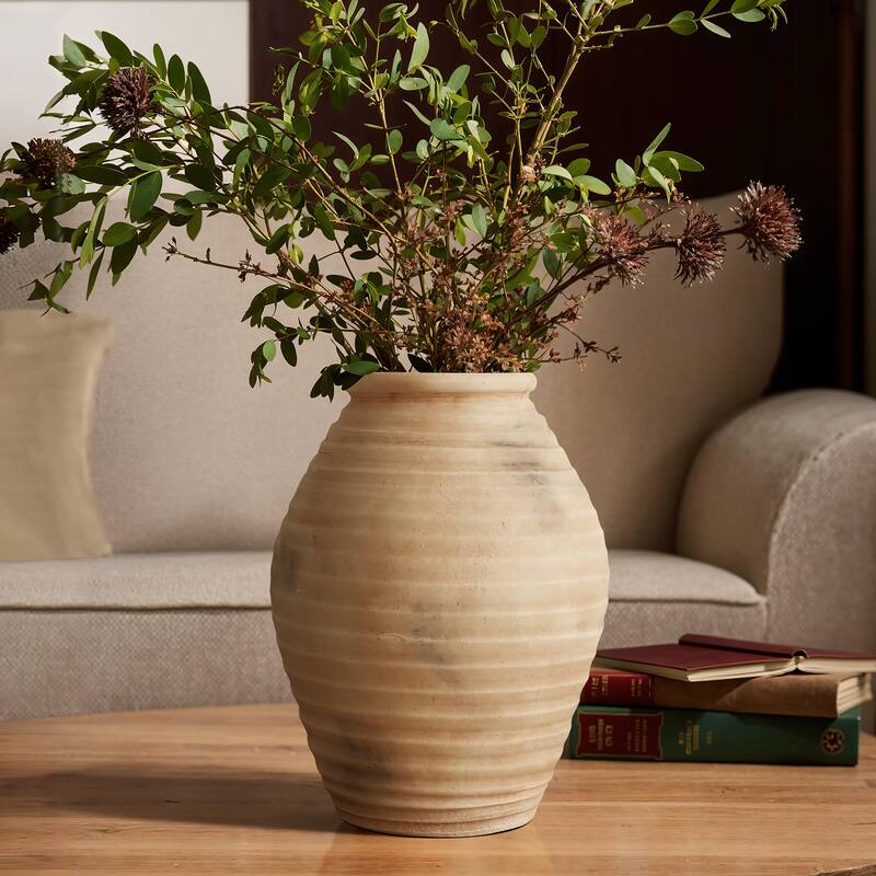 Rustic Terracotta Vase with Ribbed Texture, 15'' Tall Brown Accent for Shelves & Tabletops