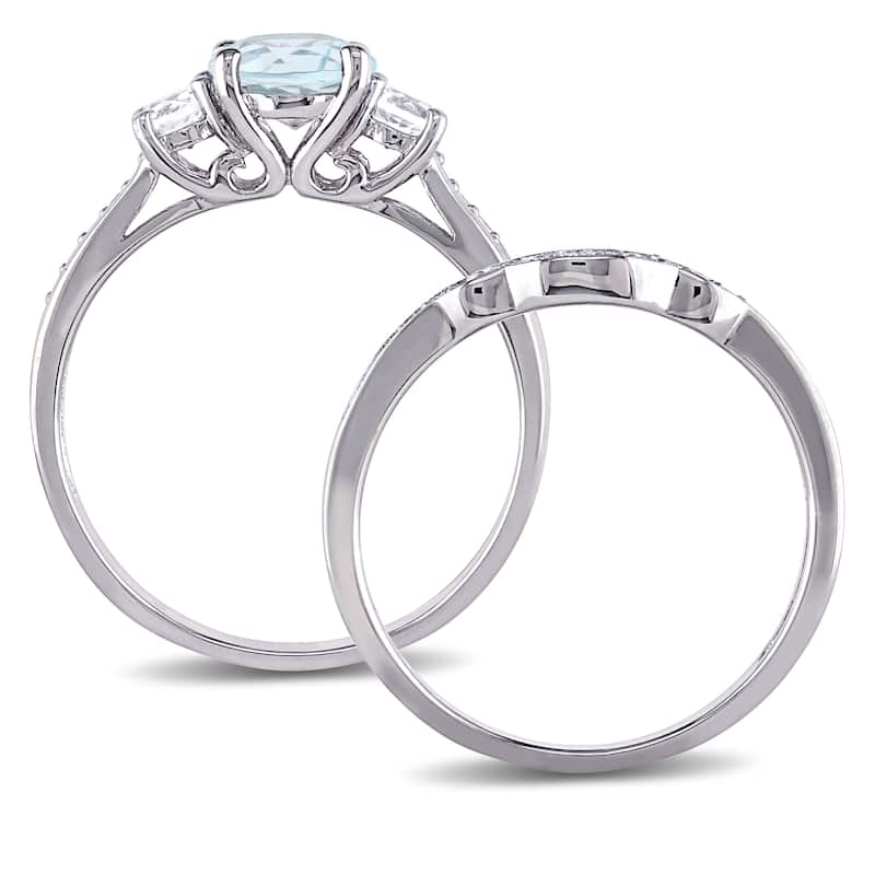 Miadora 10k White Gold Aquamarine Created White Sapphire 1/7ct TDW Diamond 3-stone Bridal Ring Set