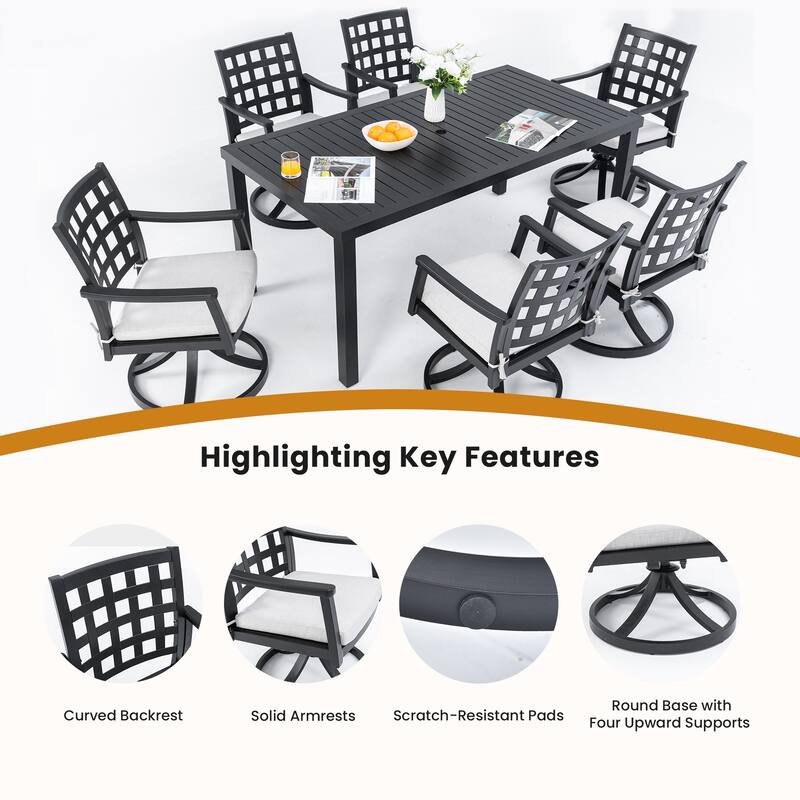 7-Piece Aluminum Patio Dining Set with 67" Table & Swivel Rocker Chairs