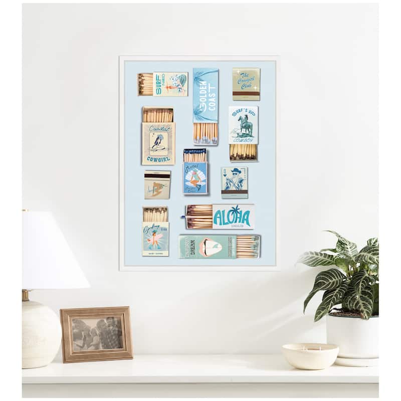 Kate and Laurel Retro Matchbox Blue Coastal Cowgirl 18x24 FC by Honey Island Studio Framed Canvas Wall Art Print