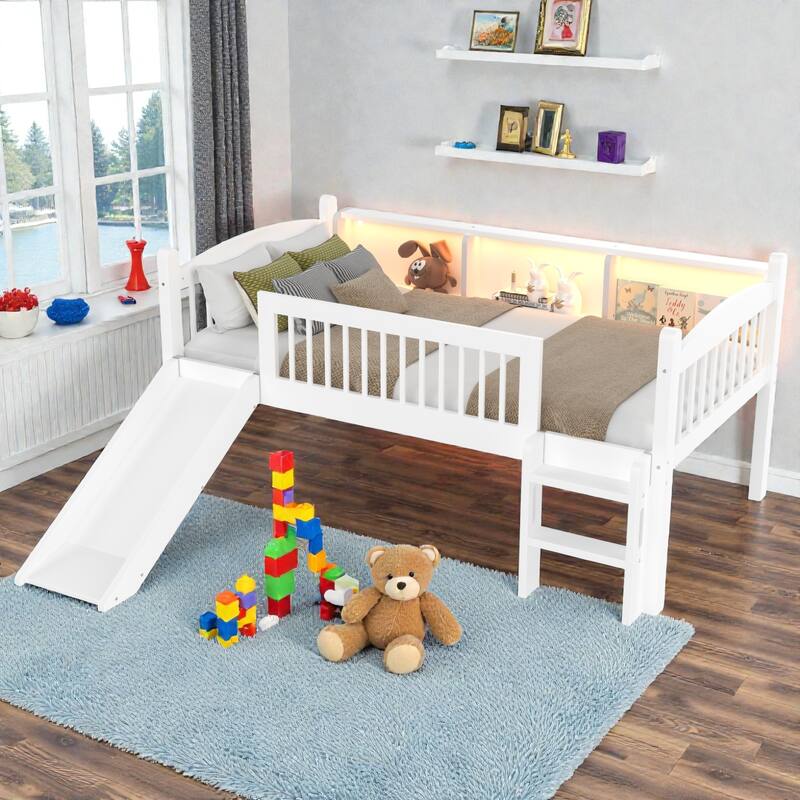 Twin XL/Twin Wood Loft Bed with Storage Shelves, LED Lights, Full-Length Guardrails & Solid Wood Frame, No Box Spring Needed - Light White - Twin