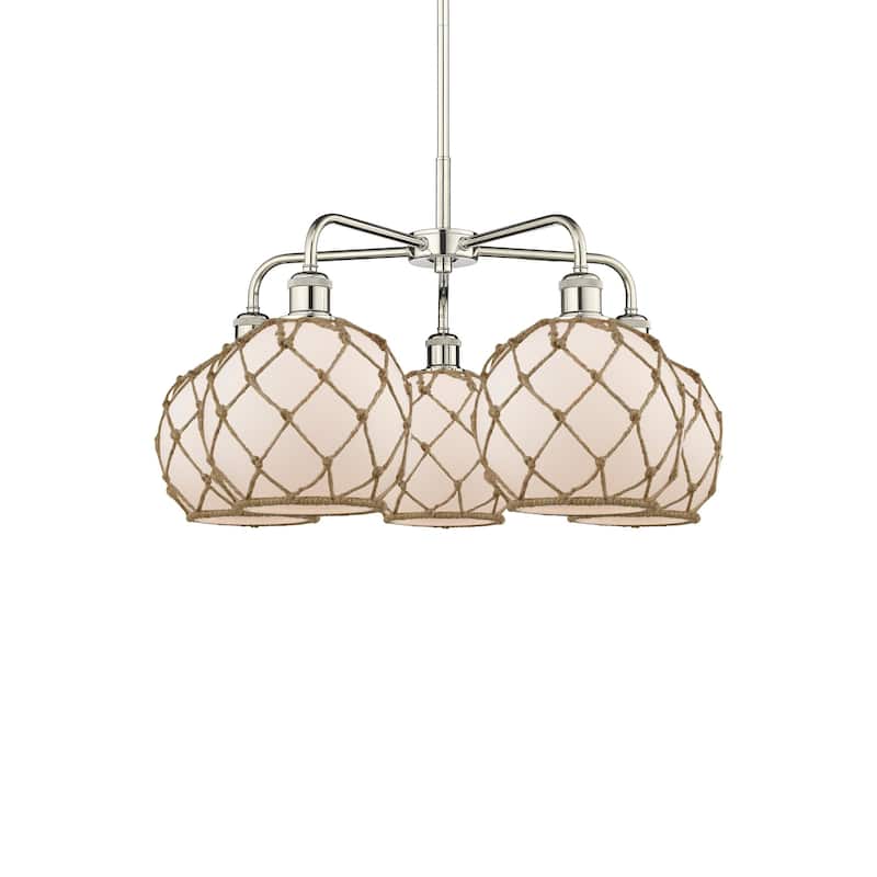 Innovations Lighting 516-5CR-16-27 Farmhouse Rope Chandelier Farmhouse - Polished Nickel / White Glass with Brown Rope