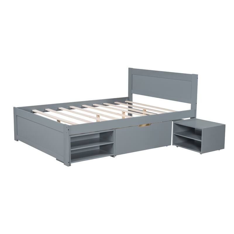 Full Size Platform Bed with Storage Drawer & 2 Shelves, Sturdy Frame, No Box Spring Needed
