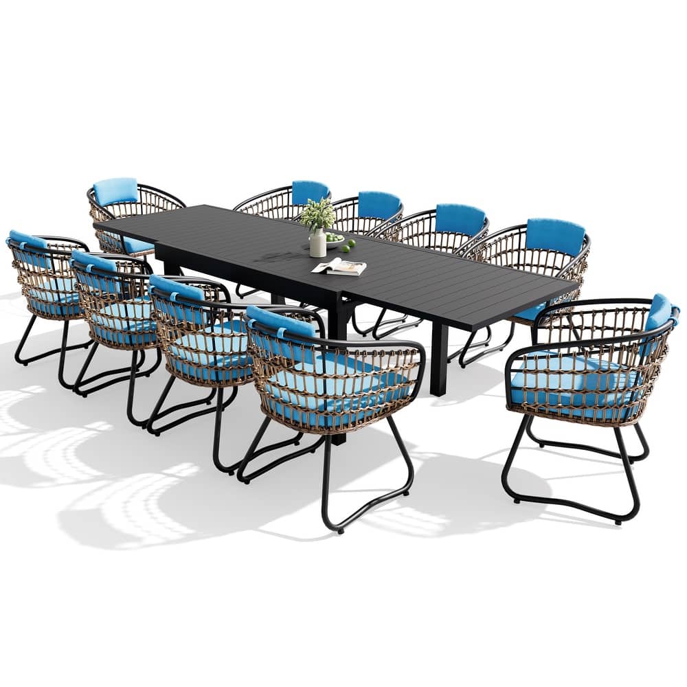 VredHom 11PC Outdoor Patio Extendable Table Dining Sets Table with Rattan Chairs