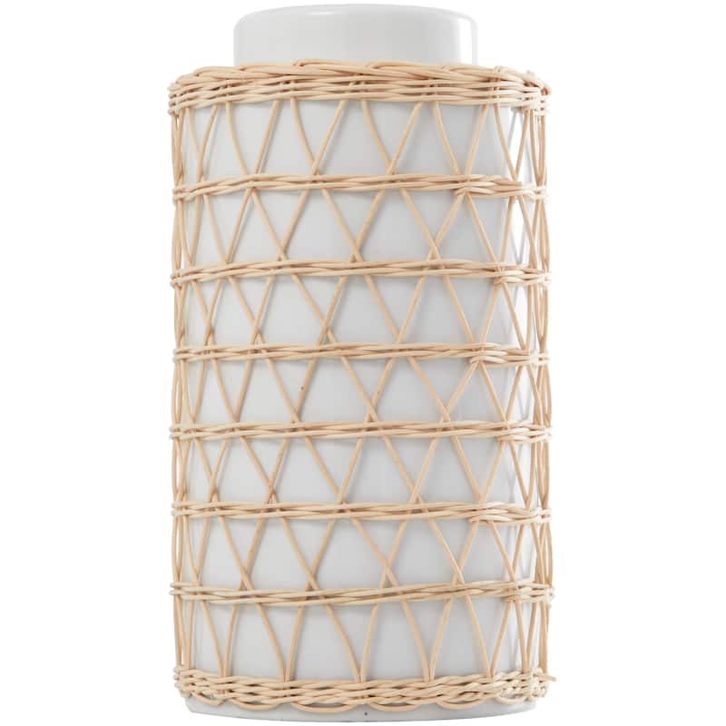 White Ceramic Handmade Decorative Vase with Woven Rattan Exterior - 8"W, 15"H