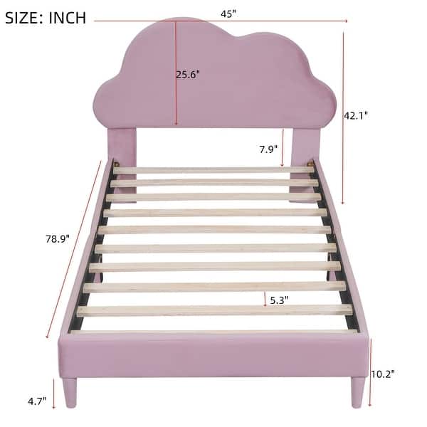 dimension image slide 0 of 2, Twin Size Velvet Upholstered Platform Bed with Cloud-Shape Headboard For Kids