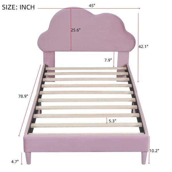 dimension image slide 0 of 4, Velvet Upholstered Bed with Cloud-Shape Headboard, Wood Platform Bed Frame for Boys Girls Easy Assembly, No Box Spring Needed