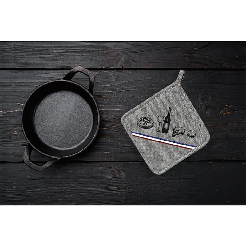 Chef's French Culinary Cotton Pot Holder - Heat Resistant 8x8 Inch - Wine & Delicacies Design for Gourmet Kitchens