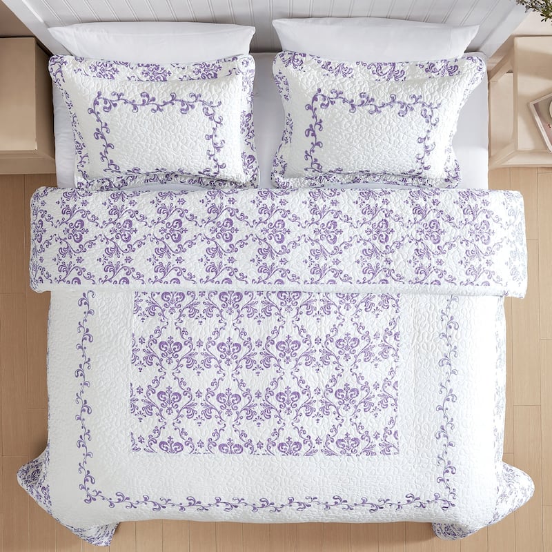 Lovely Damask Embroidered Quilted Bedspread