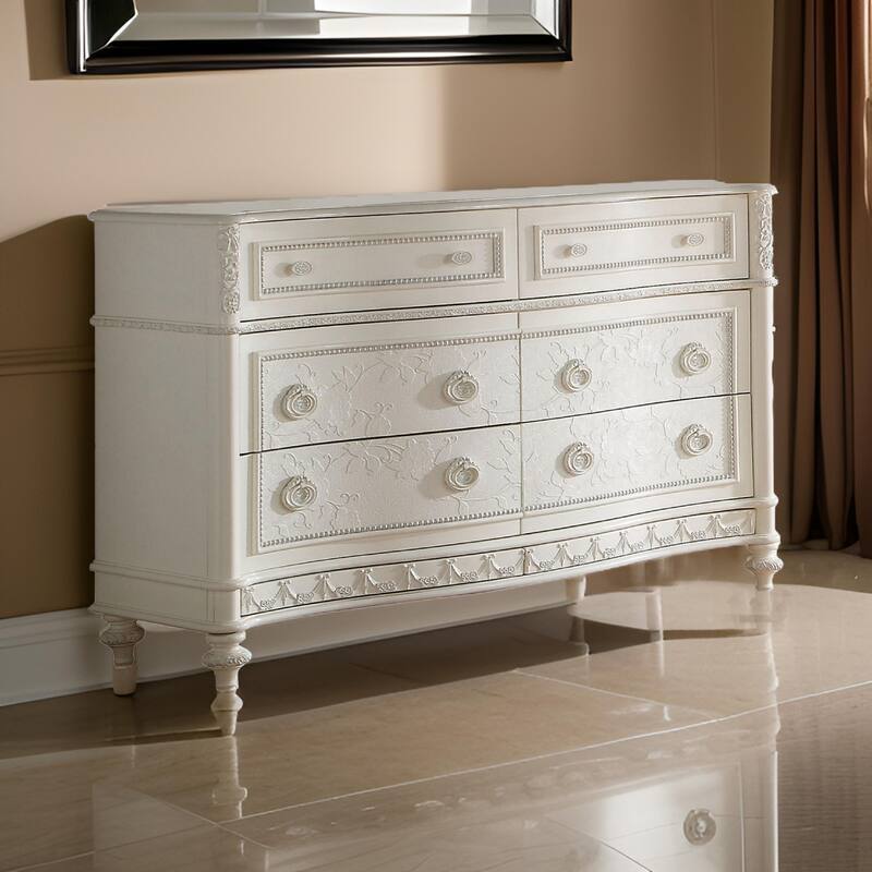 Dorie 54 Inch Wide Dresser, 6 Drawers, Oval Molded Trim, Ivory White Wood