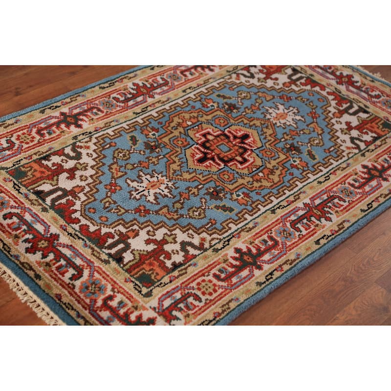 Light Blue Geometric Heriz Serapi Foyer Rug Handmade Wool Carpet - 3'0"x 5'0"