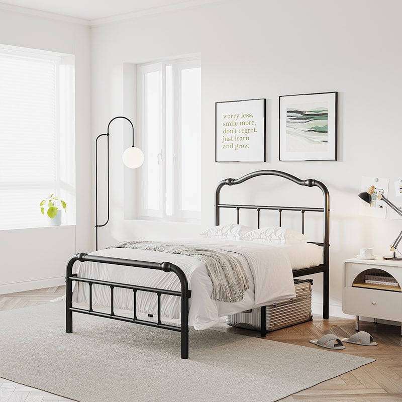 Heavy-Duty Anti-Wobble 14 Inch Bed Frame With Wavy Art Headboard, No Needed Box Spring