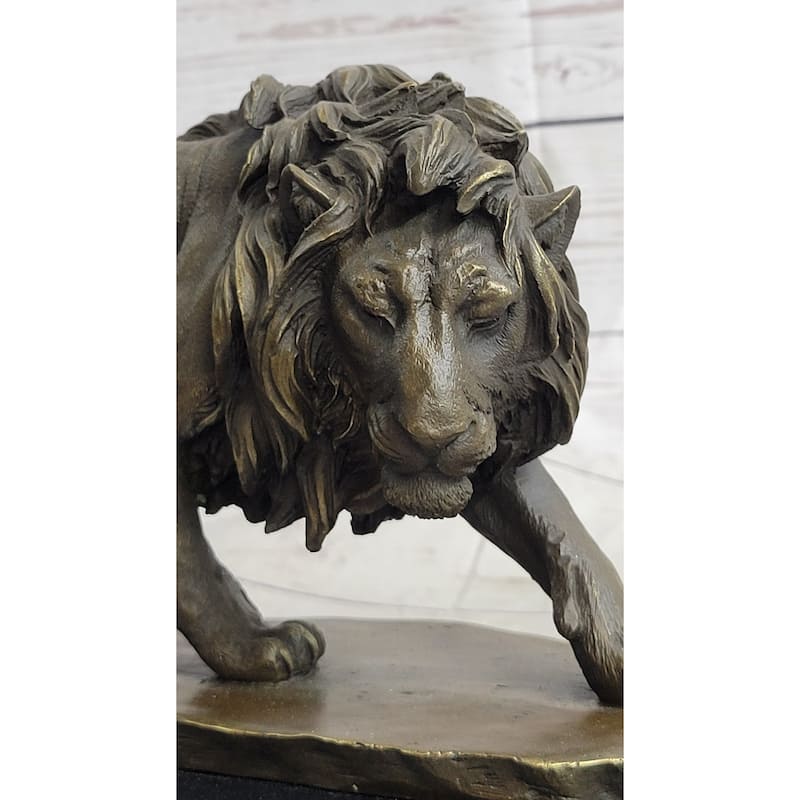 Male Lion Stalking Prey Bronze Sculpture Statue Signed Art On Marble Base