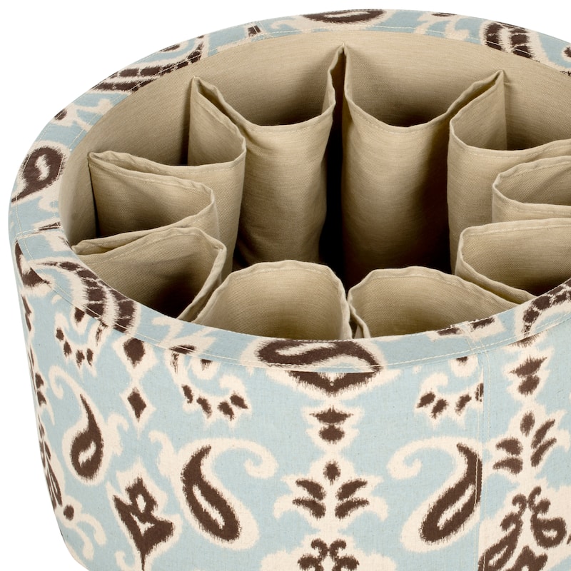 SAFAVIEH Pepper Beige Shoe Storage Ottoman - Light Blue, White, Brown Ikat; Inside Beige