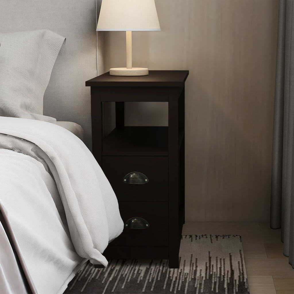 Narrow Nightstand With Two Drawers And Open Shelf