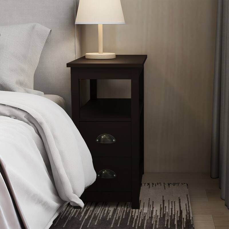 Narrow Side Table Storage Cabinet Coffee Table Snack with 2 Drawers & 2 Open Shelves Bedside Table Cocktail Table for Bedroom
